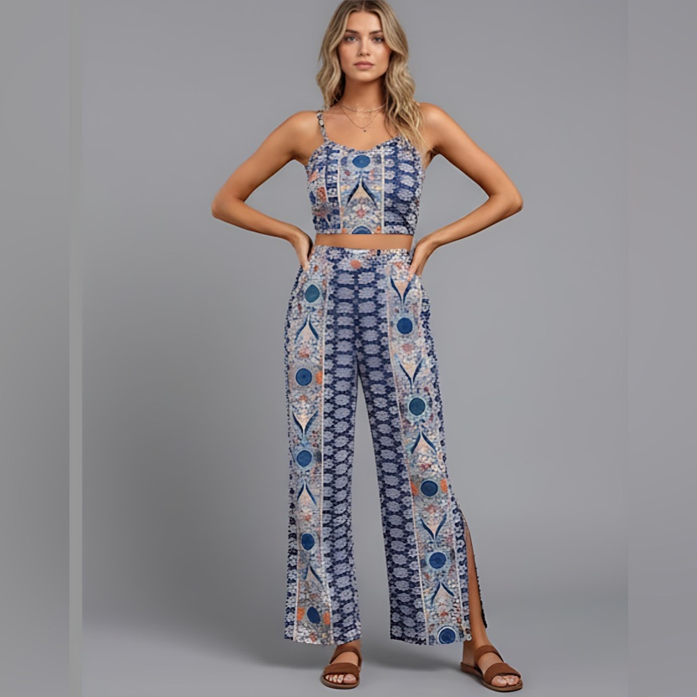Boho Floral Printed Cami Tank Top And Side Split Pant